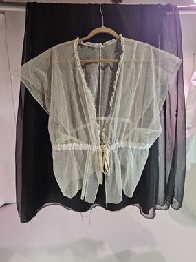 Handmade Sheer Dot-Textured Ivory Tie-Waist Blouse